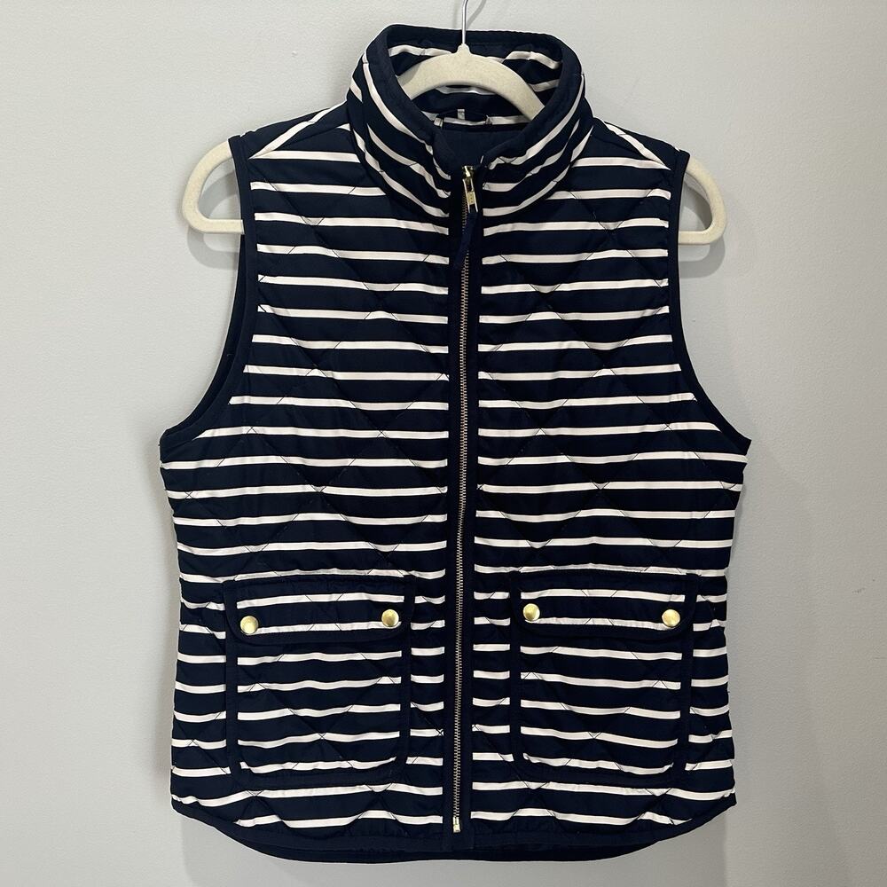 J. Crew Women’s Full Zip Puffer Vest Small Navy White‎ Striped Gold Accent Down